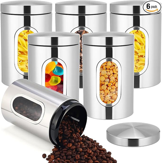 Zopeal 6 Pack Original Canisters Sets for Kitchen 50oz Stainless Steel Kitchen Canisters with Transparent Windows Flour Sugar Container Metal Jar Countertop Set for Coffee Tea Decorative