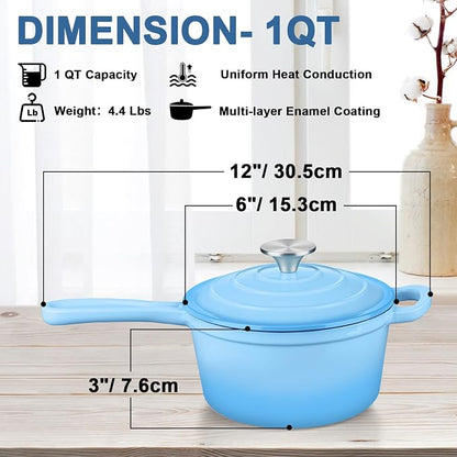 Enameled Cast Iron Sauce Pan with Lid, Leonyo 1 Quart Saucepan with Lid, Small Enamel Cast Iron Dutch Oven Kitchen Cookware for All Cooktops Cooking Soup, Milk - Up to 500°F & 4.4Lbs, Lake Blue