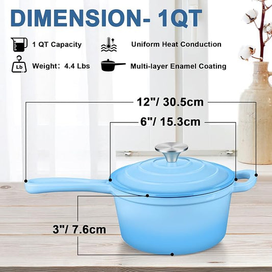 Enameled Cast Iron Sauce Pan with Lid, Leonyo 1 Quart Saucepan with Lid, Small Enamel Cast Iron Dutch Oven Kitchen Cookware for All Cooktops Cooking Soup, Milk - Up to 500°F & 4.4Lbs, Lake Blue