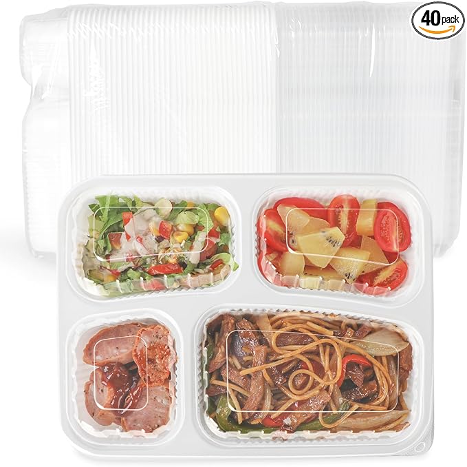 YANGRUI Meal Prep Containers 40 Pack 34 oz - Shrink-Wrapped No Pre-Wash | BPA Free Shatterproof PP | 4 Compartment Leak-Resistant Bento Box | Microwave Safe To-Go Food Storage for Leftovers & Parties