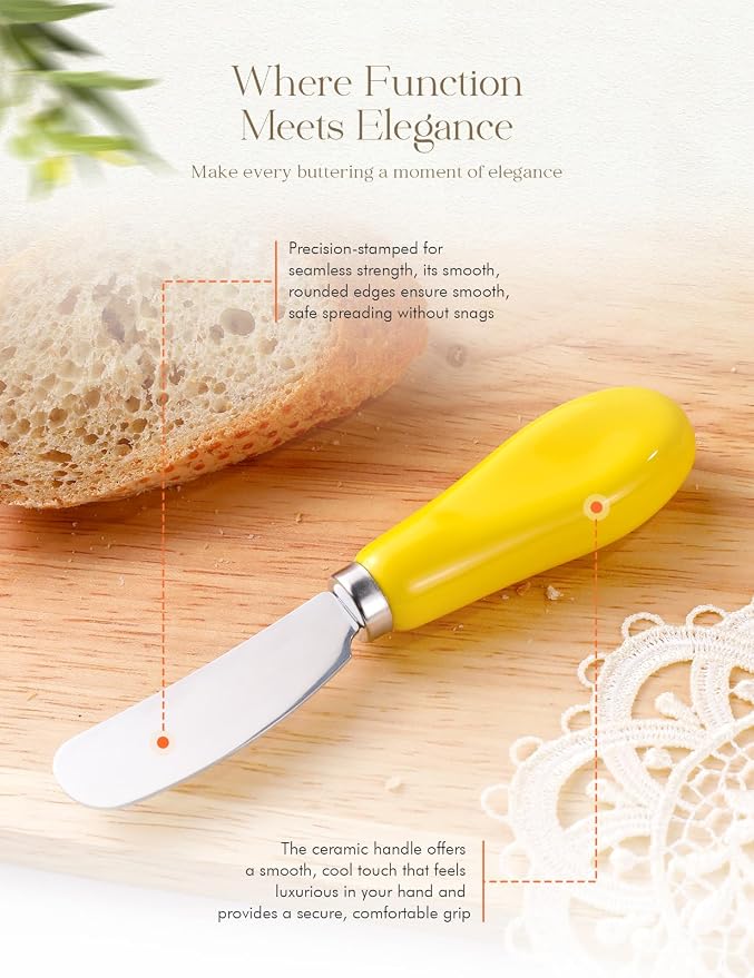 AISBUGUR 2 Pack Stainless Steel Butter Spreader Knife, Butter Knife with White Porcelain Handle, Cheese Butter Spreader Knives for Kitchen Yellow