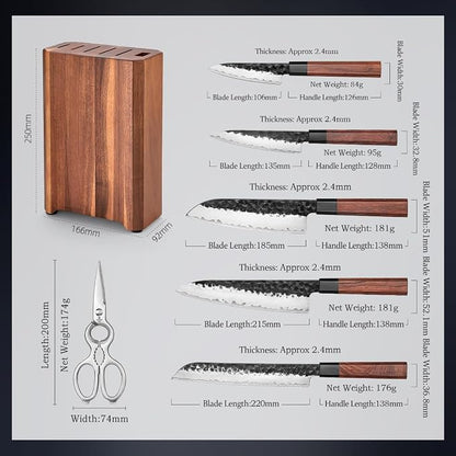 HEZHEN Knife Block Set, 7 Piece Chef Knife Set with Block&Siccor, 3 Layers Clad Steel Kitchen Knife, Kitchen Scissors Acacia Wood Knife Block, Room-saving, Gift Ready Set