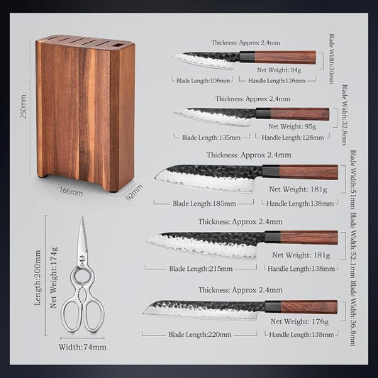 HEZHEN Knife Block Set, 7 Piece Chef Knife Set with Block&Siccor, 3 Layers Clad Steel Kitchen Knife, Kitchen Scissors Acacia Wood Knife Block, Room-saving, Gift Ready Set