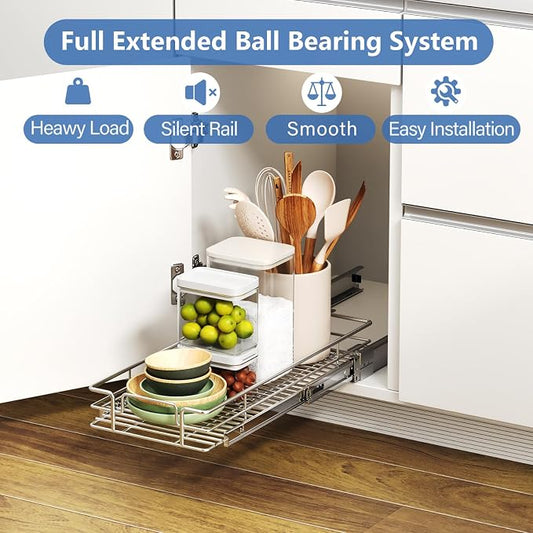 ROOMTEC Pull Out Cabinet Organizer, Cabinet Pull Out Shelves 7½" W x 21½" D, Heavy Duty Cabinet Drawers Slide Out Kitchen Cabinet Organizers Storage Shelf