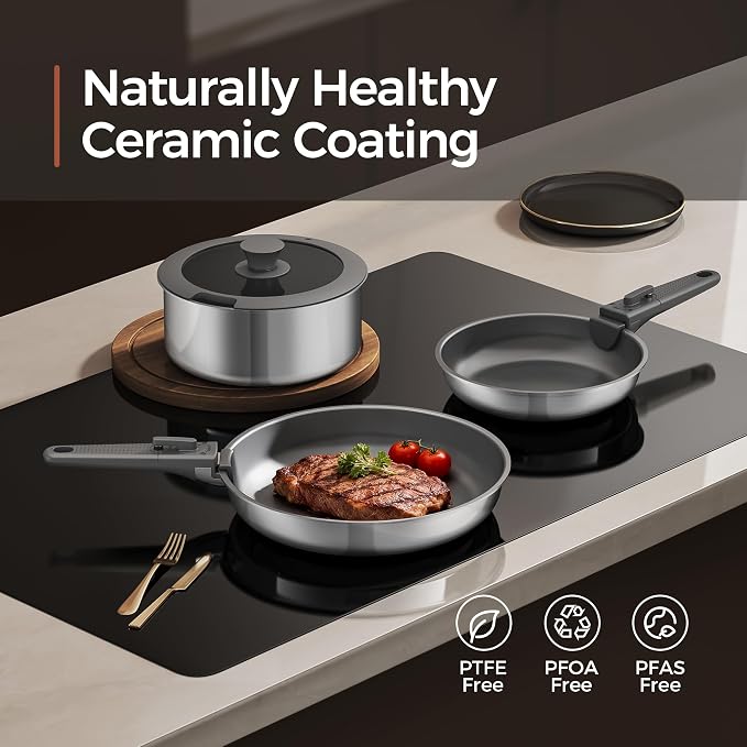 16PCS Pots and Pans Set Non Stick, Diamond-Titanium Ceramic Cookware Set & 3 Layer Stainless Steel with Detachable Handle, Induction Cookware, Non Toxic Oven/Dishwasher Safe, Gray
