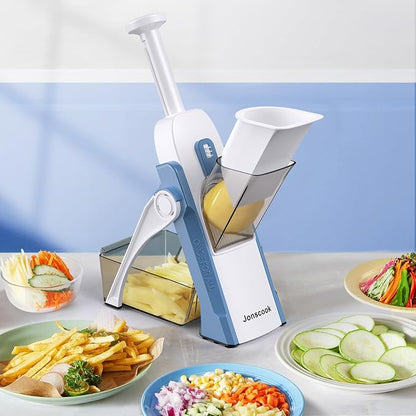 Safe Mandoline Slicer for Kitchen, Adjustable Thickness 0.1-8 mm, 5 in 1 Multi Vegetable Chopper, Potato Slicer, Food Chopper French Fry Cutte, with Paring Knife/Cleaning Brush, Mandolin (Haze Blue)