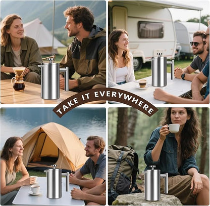 French Press 34 oz, Full Stainless Steel French Press Coffee Maker 4 Cups, Upgrated Double-Walled Insulated French Coffee Presses, Food Grade Good for Kitchen Camping, Dishwasher Safe 2 More Filters