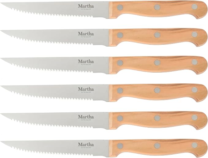 Martha Stewart Austenwood 15-Piece Knife Block Set, German Stainless Steel Kitchen Knives with Forged Italian Olive Wood Handle