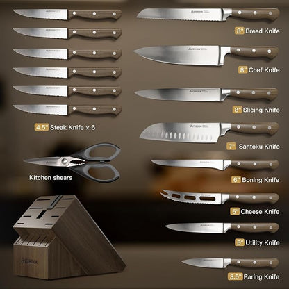 Astercook 17-Piece Knife Block Set with Built-in Sharpener, German Stainless Steel Full Tang Kitchen Knives, Ergonomic Walnut Handle Cutlery Set for Home Cooking & fathers day gift for Dad