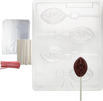 Cybrtrayd 45StK25R-XX525 Lady Lolly Adult Chocolate Candy Mold with Lollipop Supply Bundle, Includes 25 Lollipop Sticks, 25 Cello Bags and 25 Red Twist Ties, Black