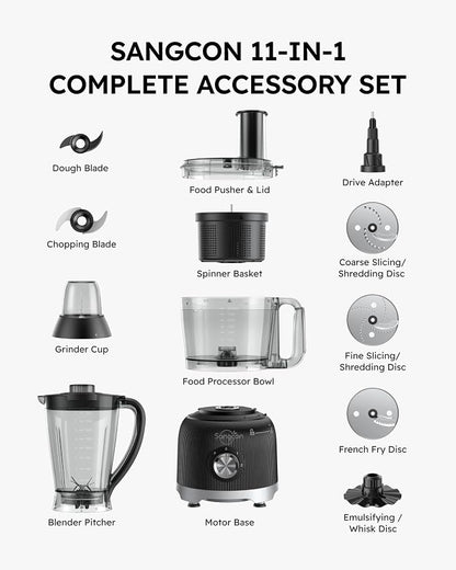 Sangcon Smoothie Blender and Food Processor Combo for Kitchen, 600W Vegetable Chopper with 2 x 8-Cup Bowls, 11-in-1 Food Chopper for Slicing, Shredding, Mixing, Purees & Dough, Shakes, BPA-Free