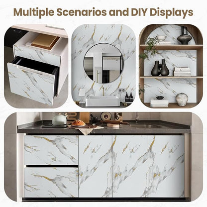 practicalWs Glossy Marble Wallpaper Peel and Stick White/Gold Granite Contact Paper Removable Wall Paper for Kitchen Countertop Cabinet Furniture 17.7" x 78.7"