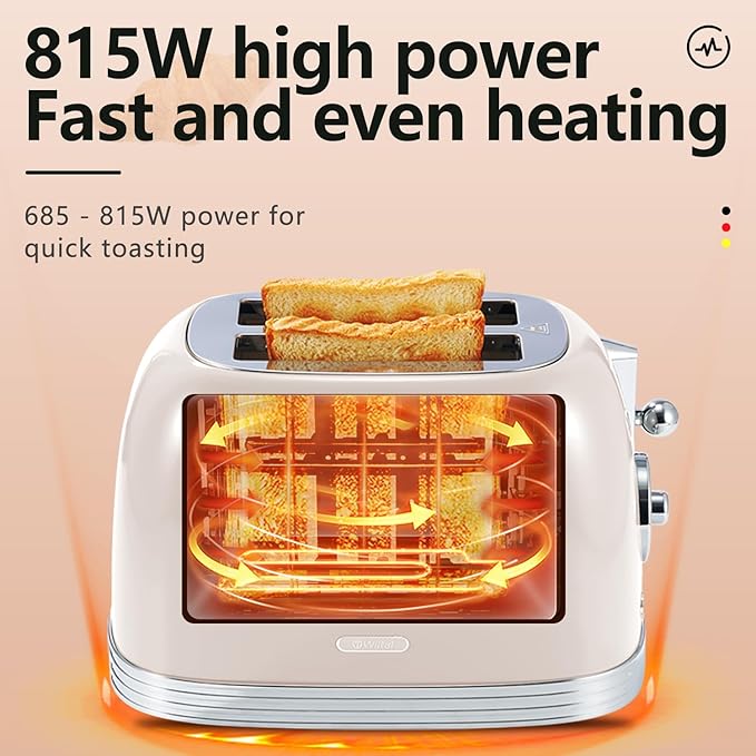 Wiltal Beige Cute Retro Toaster 2 Slice with 1.58" Wide Slots, Bread toaster with Cover and Warm Rack, Stainless Steel Toasters with Removable Crumb Tray, Preheat, Defrost, Cancel Function (Cream)