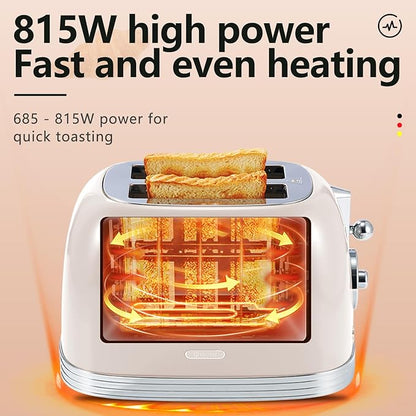 Wiltal Beige Cute Retro Toaster 2 Slice with 1.58" Wide Slots, Bread toaster with Cover and Warm Rack, Stainless Steel Toasters with Removable Crumb Tray, Preheat, Defrost, Cancel Function (Cream)