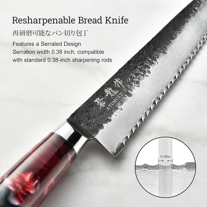Japanese Bread Knife, 9 Inch Hand Forged VG10 Steel Serrated Sourdough Knife, Resharpenable Sharp Bread Cutting Knives, Low-Crumb Slicing for Sourdough, Homemade Bread & Bagels with Premium Gift Box