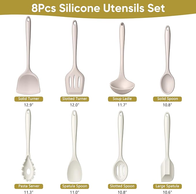 LIANYU 8Pcs Kitchen Utensils Set, Silicone Cooking Utensils Spatula Set for Nonstick Cookware, Include Silicone Spatula, Ladle, Turner, Spoon, Heat Resistant, Dishwasher Safe, Khaki White
