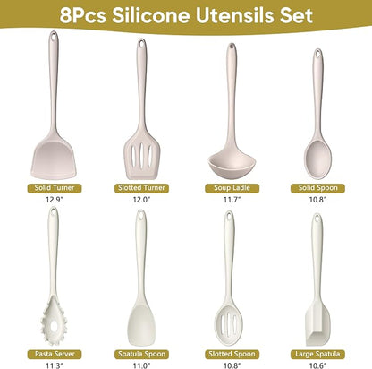 LIANYU 8Pcs Kitchen Utensils Set, Silicone Cooking Utensils Spatula Set for Nonstick Cookware, Include Silicone Spatula, Ladle, Turner, Spoon, Heat Resistant, Dishwasher Safe, Khaki White