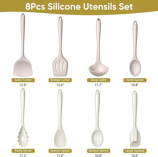 LIANYU 8Pcs Kitchen Utensils Set, Silicone Cooking Utensils Spatula Set for Nonstick Cookware, Include Silicone Spatula, Ladle, Turner, Spoon, Heat Resistant, Dishwasher Safe, Khaki White