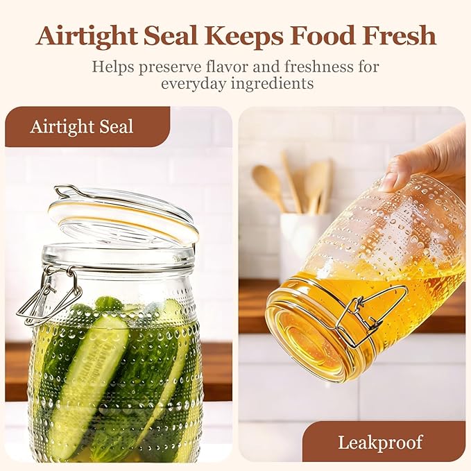 ComSaf 34oz 6 Pack Vintage Hobnail Glass Storage Jars with Airtight Clamp Lids, 1000ml Wide Mouth Clear Canister Set for Coffee Beans, Sugar, Snacks, Pasta, Pickling and Countertop Pantry Organization