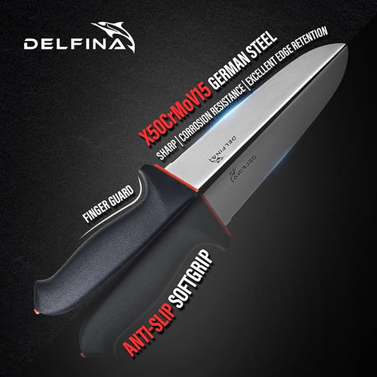 DELFINA 4 PCS Butcher Knife Set, German 1.4116 Steel Blade For Meat Cutting Skinning Boning Trimming, Non-Slip Softgrip & Incl. 10" Sharpener Rod