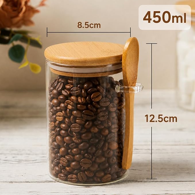 Sugar Jar Glass Salt Container,15 Ounces Clear Airtight Caning with Bamboo Lid and Spoon Scoop, Storage Overnight Oats, Salts, Coffee Bean, Spice, Creamer, Food Organizer, Pack of 1