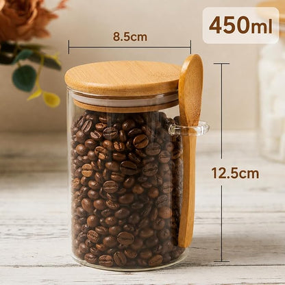 Sugar Jar Glass Salt Container,15 Ounces Clear Airtight Caning with Bamboo Lid and Spoon Scoop, Storage Overnight Oats, Salts, Coffee Bean, Spice, Creamer, Food Organizer, Pack of 1