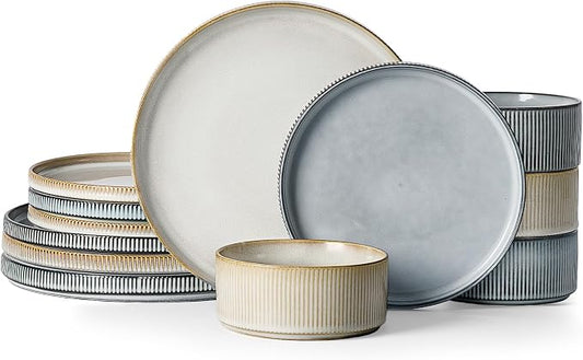 Famiware Star 12-Piece Stoneware Dinnerware Sets for 4, Reactive Glaze Plates and Bowls, Modern Rustic Dishes for Everyday & Formal Use, Chip/Scratch Resistant, Microwave/Dishwasher Safe, White & Blue
