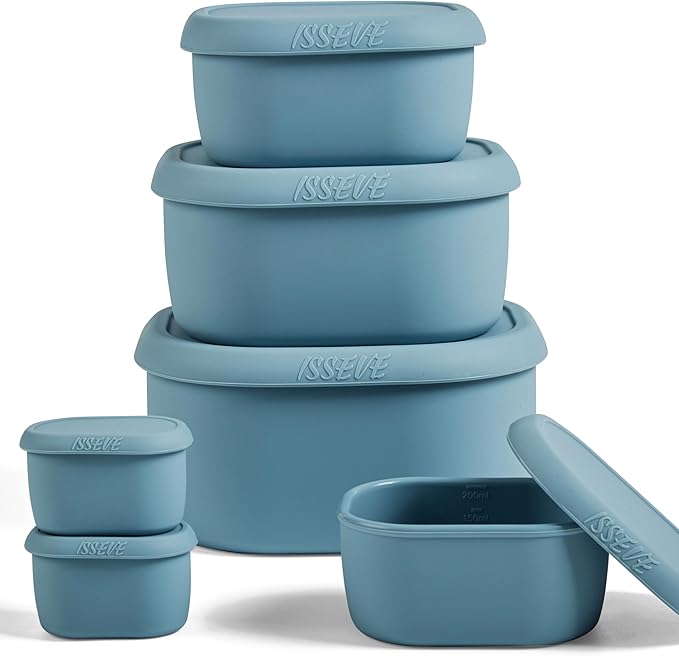 ISSEVE 6Pcs/Set Nesting Silicone Food Storage Containers with Lids, BPA Free Reusable Meal Prep Silicone Containers Lunch Box Bento Box Set (33.8oz, 20oz, 10oz, 6.7oz, 1.3oz) (Blue)