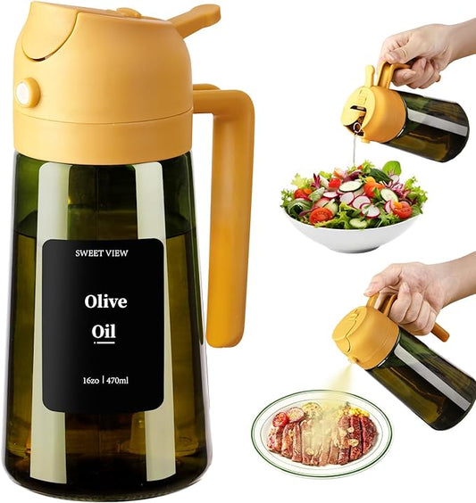 SWEET VIEW Olive Oil Dispenser and Oil Sprayer – 16oz/470ml Glass Light-Proof Oil Pourer for Kitchen Air Fryer, Cooking, Salad, and BBQ, with Stickers