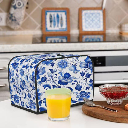 Blue Flower Toaster Cover 4 Slice Wide Slot Washable Toaster Covers | Floral Art Dust and Fingerprint Protection Bread Maker Covers for Kitchen Accessories Decor Bakeware Women Gift