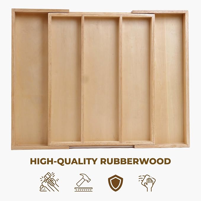 Utensils Organizer Rubberwood, Expandable Silverware Drawer Organizer with 5 Compartments, Wooden Kitchen Storage Tray Holder for Cutlery, Flatware & Utensils