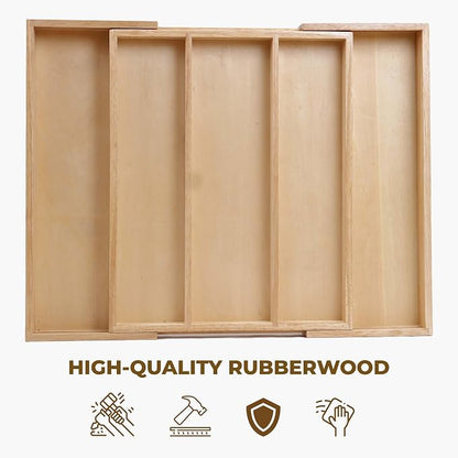 Utensils Organizer Rubberwood, Expandable Silverware Drawer Organizer with 5 Compartments, Wooden Kitchen Storage Tray Holder for Cutlery, Flatware & Utensils