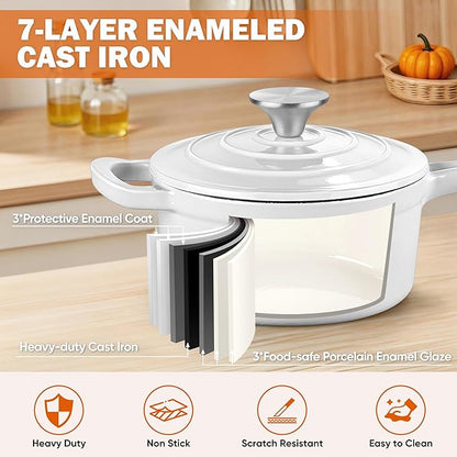 Homikit Small Cast Iron Pot, 2 Quart Enameled Cast Iron Sauce Pan with Lid, Heavy Duty Enamel Dutch Oven Kitchen Cookware for Making Pasta, Boiling Soup, Warming Milk, Nonstick & Oven Safe, White