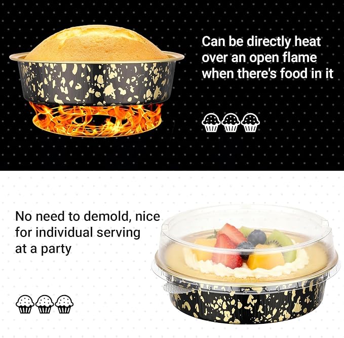 Beasea 7.3oz Cheesecake Pan with Lids, 20 Pack 4 Inch Round Aluminum Foil Disposable Tart Tins, Cupcake Container with Lids Mini Pie Tart Pans Baking Cups For Pizza Quiche - Black Gold Speckles