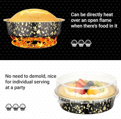 Beasea 4 Inch Pie Tins with Lids, 50 Pack 7.3 Oz Disposable Mini Tart Tins, Aluminum Foil Baking Tins Small Round Muffin Container Mini Cheesecake Cups for Pie Tart Quiche - Black Gold Speckles