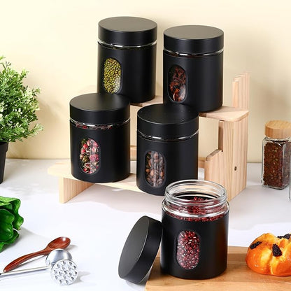 Mimorou 3 Pcs Stainless Steel Canister Set with Glass Windows Visible Storage Jars Silver Kitchen Canister Set for Pasta Flour Oat Sugar Container, Kitchen Tools, Housewarming Gifts (Black,20 oz)