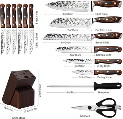 Kitchen Knife Sets with Block, 15-Piece High Carbon Stainless Steel Knife Block Set with Sharpener, Ultra-Sharp kitchen knives with Triple Rivet Wood Handle Perfect for Cooking Cut