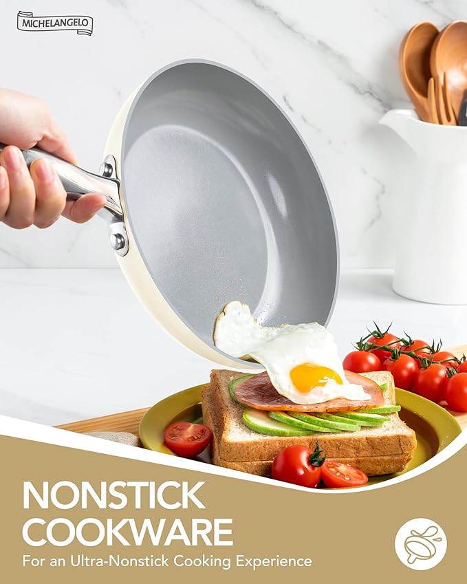 MICHELANGELO Pots and Pans Set Non Stick 8 Piece Ceramic Cookware Set Cream | PFAS-Free Cream Ceramic Nonstick Cookware Set for Eggs, Pancakes, Sauces, Low-Oil Cooking and Induction Stoves, Fast Cleanup