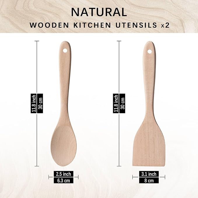 2pcs Wooden Spatula Spoon for Cooking, Thicker 12inch Uncoated Beech Wood Turners for Frying, Non-Scratch Flat Spurtle for Pan & Wok, Cooking Utensils for Non Stick Cookware,Long Handle Scraper