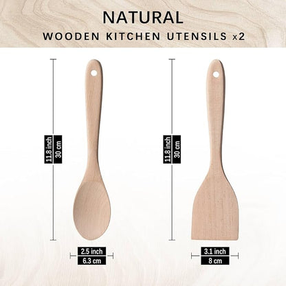 2pcs Wooden Spatula Spoon for Cooking, Thicker 12inch Uncoated Beech Wood Turners for Frying, Non-Scratch Flat Spurtle for Pan & Wok, Cooking Utensils for Non Stick Cookware,Long Handle Scraper