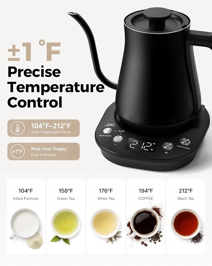 Gooseneck Electric Kettle with ±1℉ Temperature Control, 304 Stainless Steel Interior, BPA Free, 1200 Watt Rapid, Brew Timer, Automatic Shut Off for Pour Over Coffee, Brew Tea, Boil Hot Water