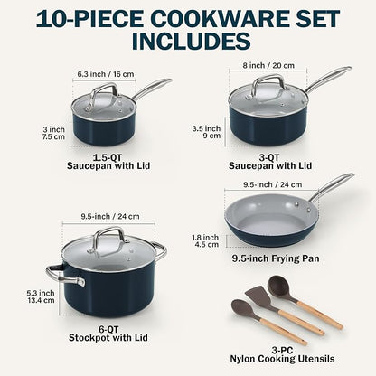 Cook N Home Classic Nonstick Cookware Set, Pots and Pans Cookware Set with Glass Lids and Comfortable Handles, Induction Compatible, 10-Piece, Blue