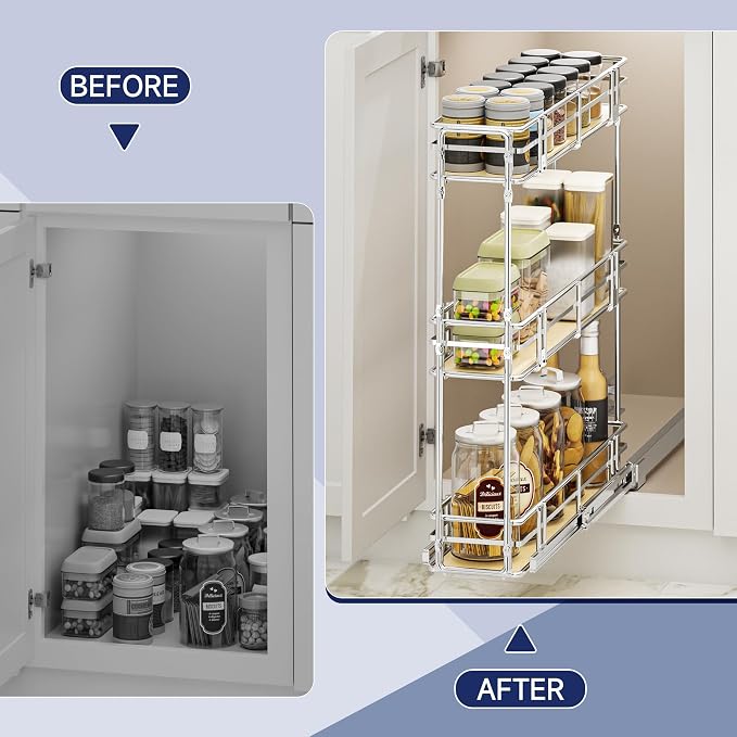 6" W x 20.5" D 3-Tier Pull Out Spice Rack Organizer, Solid Wood Base Slide Out Cabinet Shelf for Narrow Kitchen Cabinets, Chrome Pantry Storage