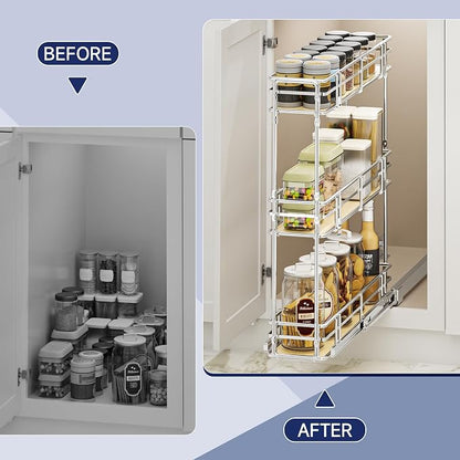 6" W x 20.5" D 3-Tier Pull Out Spice Rack Organizer, Solid Wood Base Slide Out Cabinet Shelf for Narrow Kitchen Cabinets, Chrome Pantry Storage