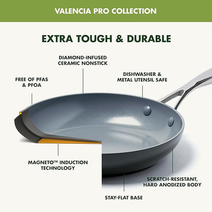 GreenPan Valencia Pro Ceramic Nonstick 13 Piece Cookware Set, Hard Anodized PFAS-Free Pots & Pans, Induction Ready, Compatible on All Cooktops, Dishwasher Safe, Oven Safe to 600F, Gray