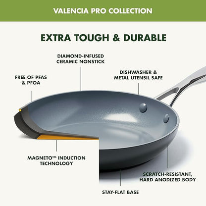 GreenPan Valencia Pro Ceramic Nonstick 10” & 12” Frying Pan Skillet Set, Hard Anodized PFAS-Free Cookware, Induction Ready, All Cooktops, Eggs & Omelets, Dishwasher & Oven Safe to 600F, Gray