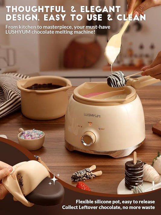 LUSHYUM Chocolate Melting Pot Candy Melts Melter with 2 Insert Pots and Spatula, 4 Cups Capacity Warmer Machine, Ideal Dipping Tool Kitchen Supplies for Making Cake Pop Covered Strawberries Fondue