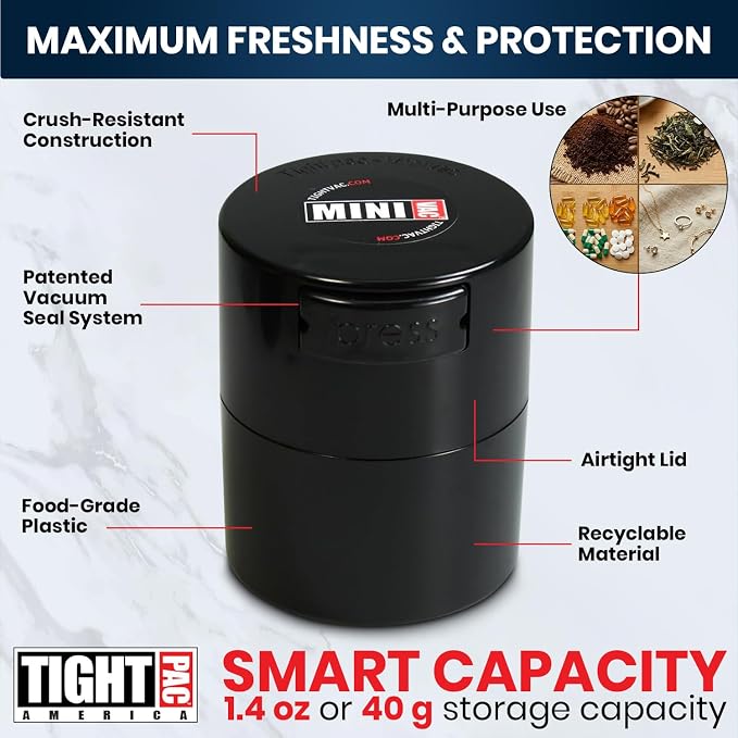 Tightpac Minivac Portable Vacuum Seal Airtight Container – Keeps Coffee Beans, Grounds, Tea, Spices & Herbs Fresh Longer – Travel-Ready, NSF-Certified Food-Grade Storage, 10 to 30 Grams, Black