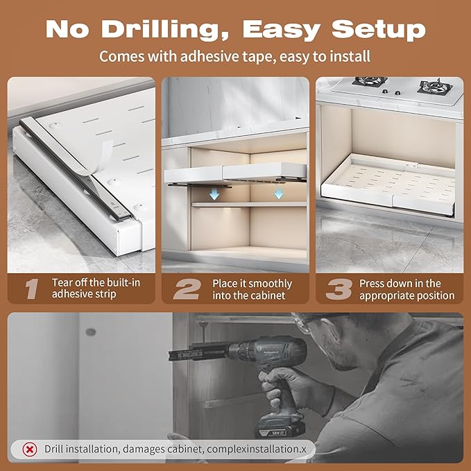 1 Pack Pull Out Cabinet Organizer Expandable,Adjustable 12-21 Inch Width Slide Out Drawer Shelves,Painted Carbon Steel with Heightening Pad,No Drill,for Kitchen/Bathroom/Pantry/Under Sink/Laundry Room