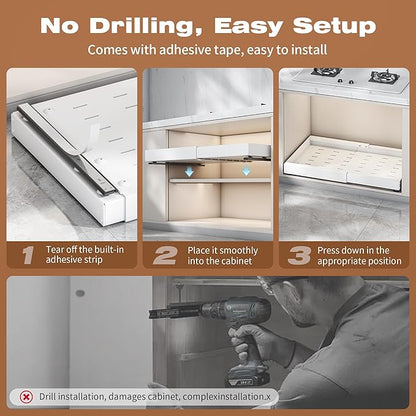 1 Pack Pull Out Cabinet Organizer Expandable,Adjustable 12-21 Inch Width Slide Out Drawer Shelves,Painted Carbon Steel with Heightening Pad,No Drill,for Kitchen/Bathroom/Pantry/Under Sink/Laundry Room